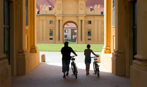Two cyclists in the castle Lednice Stock Photos