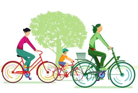 Two cyclists with children - vector illustration Stock Illustration