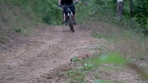 Two cyclists drive along a forest road, dirt flies from under the wheels 库存影片 116488656