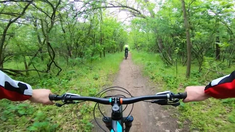 Two cyclists ride a forest trail on a cloudy day. Mountain bike. Stock Footage 138012146