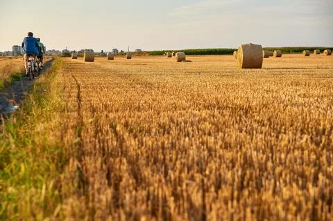 Two cyclists riding on a dirt path alongside a harvested field with hay bales Stockfoto's