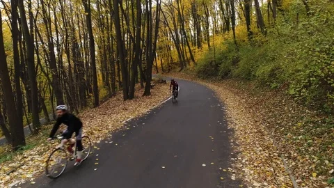 Two cyclists riding downhill through a forest in autumn Stock Footage 113045194