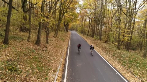 Two cyclists riding through a forest in autumn Stock Footage 113044888