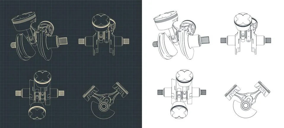 Two-cylinder engine piston block drawings Illustrazione stock