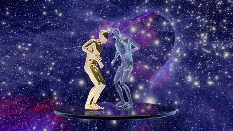 Two dancers are dancing on a mirror platform in space wormhole full of stars Stock Footage 249265629
