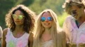 Two dancing couples covered in colored powder, happy friends enjoying party HD Footage