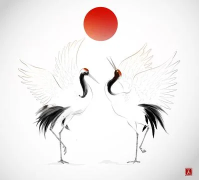 Two dancing crane birds and big red sun, symbol of Japan. Traditional Japanese Illustrazione stock
