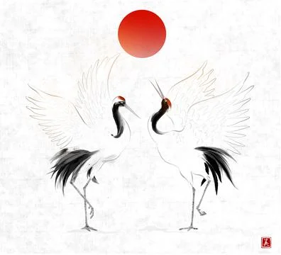 Two dancing crane birds and big red sun on vintage rice paper background Illustrazione stock