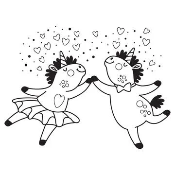 Two dancing unicorns coloring vector illustration Stock Illustration