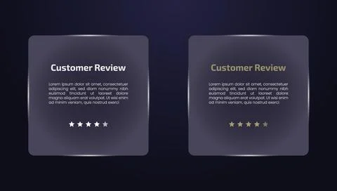 Two dark glass panels with customer review text and star ratings one customer Illustrazione stock