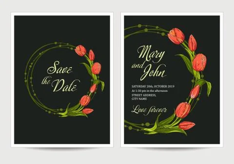 Two dark invitation for wedding with tulips flowers Stock Illustration
