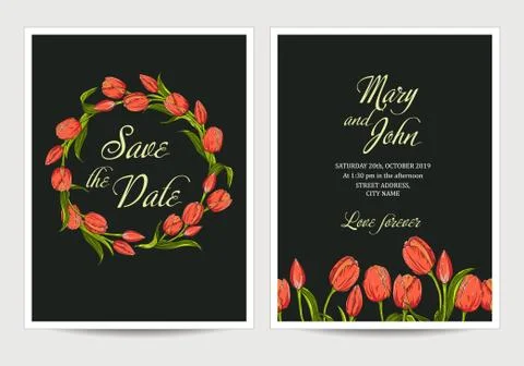Two dark invitation for wedding with tulips flowers Stock Illustration