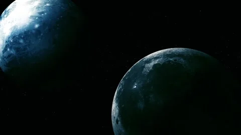 Two dark planets in deep space with a starry black background Video stock 340382815