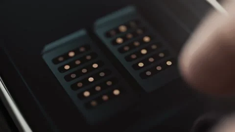 Two dark server cabinets display orderly rows of warm indicator lights Stock Footage 343374551