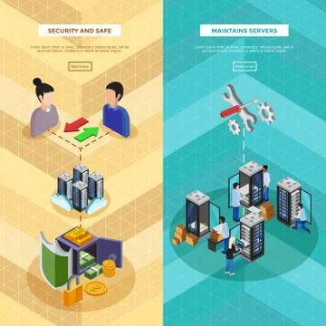 Two Datacenter Isometric Vertical Banners Stock Illustration