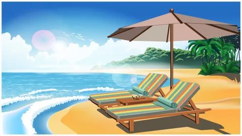 Two deck chairs and an umbrella on the beach Stock Illustration