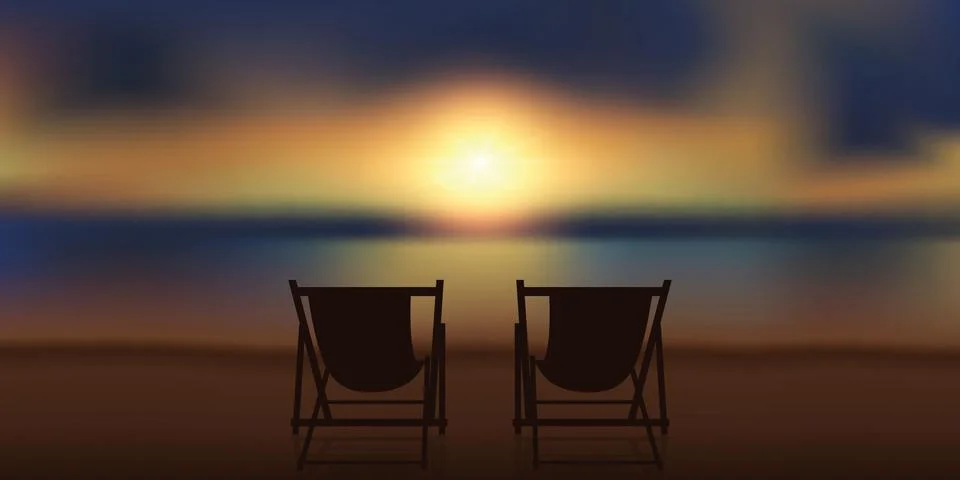 Two deck chairs at magic sunset on the beach Illustrazione stock