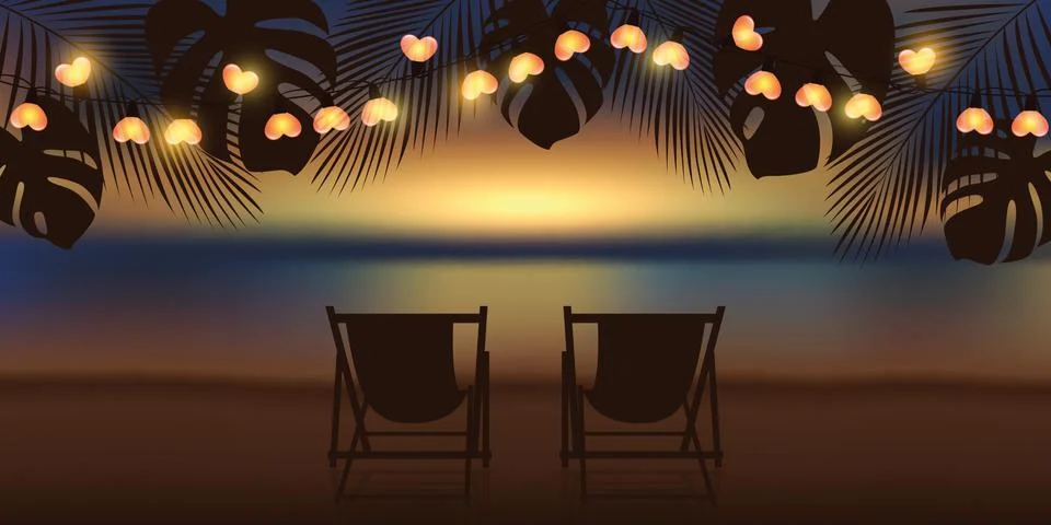 Two deck chairs at magic sunset on the beach with palm leaves and fairy light Stock-Illustration