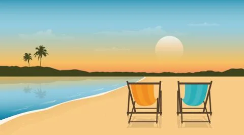 Two deck chairs on paradise beach summer holiday design Stock Illustration