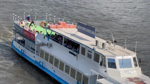 A two-deck river tram on the Moskva River. Moscow Russia 25 August 2026. Stock Footage 345371111