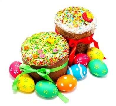 Two decorated easter cakes and eggs isolated Stock Photos