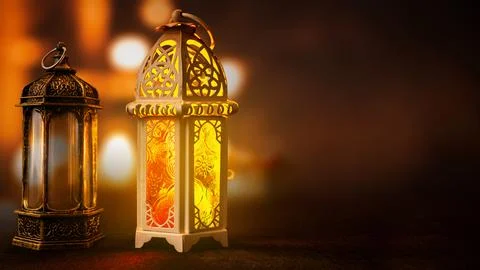 Two decorative Arabic lanterns with intricate patterns glowing warmly again.. Stock Illustration
