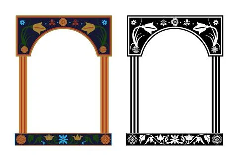 Two decorative frames with arch. Ethnic floral motifs, black and colorful. Stock Illustration