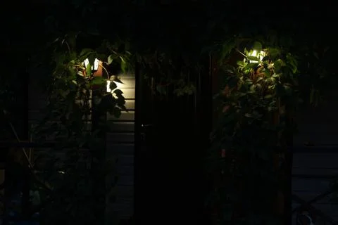 Two decorative lanterns burn at night near the house in the thickets of wild Stock Photos