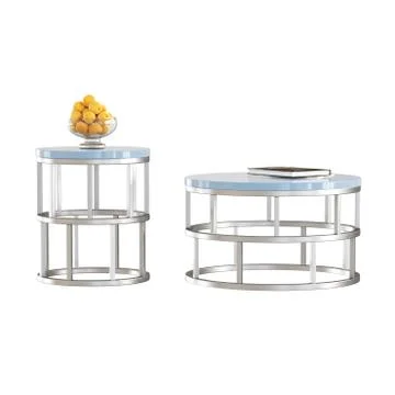Two decorative round coffee tables with books and a vase with peaches on a white Stock Illustration