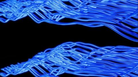 Two Deep Blue Wavy Tech Cables Moving Diagonally, 3d looping wallpaper Stock Footage 314474276