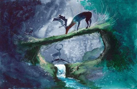 Two deers in the green forest Stock Illustration