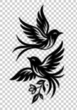 Two delicate black birds with flowing tails in midflight one carrying a sma.. Illustrazione stock