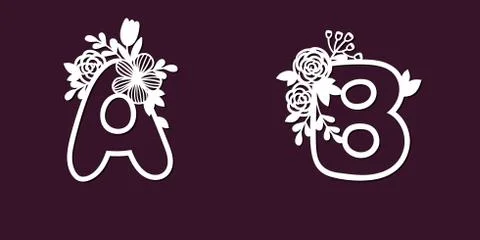 Two delicate patterns for cutting letters A and B with tender flowers. Die Stock Illustration
