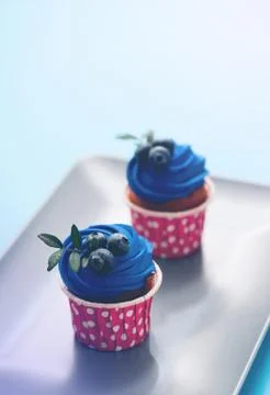 Two delicious cupcakes on a rectangular plate. Fotos de archivo