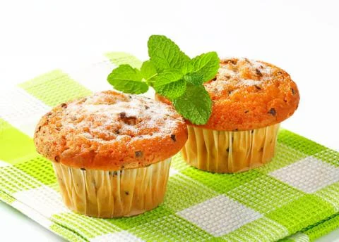 Two delicious muffins with mint leaf garnish Stock Photos