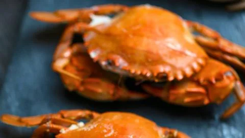 Two deliciously cooked whole crabs on a dark surface Stock Photos