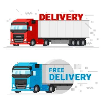 Two delivery trucks flat design vector illustration. Fast free delivery service Stock Illustration