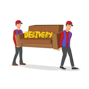 Two deliverymen carrying sofa isolated cartoon characters on white background Stockillustratie