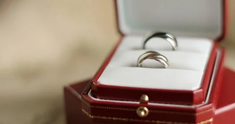 Two designer twisted wedding rings lying in red box on table indoors close up  Stock Footage 93169949