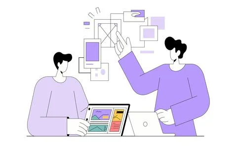 Two designers collaborating on a digital project illustration Stock Illustration