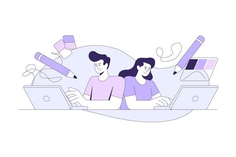 Two designers working on laptops with creative tools Stock Illustration
