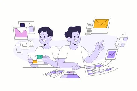 Two designers working on website ui and ux wireframes Stock Illustration