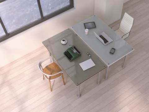 Two desks with different equipments, 3D Rendering Stockillustratie