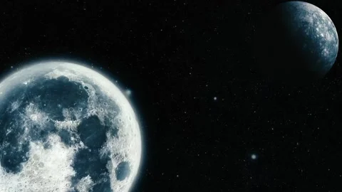 Two detailed moons floating in a dark starry sky, creating a dramatic space.. Stock Footage 340383470