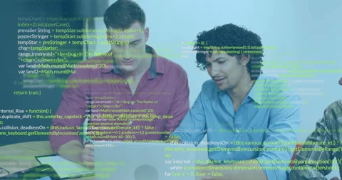 Two developers note-taking and pointing at laptop code, coding meeting with Stock Footage 310324418