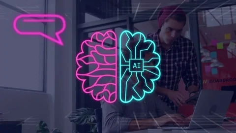 Two developers typing at laptop, initiating brain overlay, AI chip appearing, Stock Footage 334768404