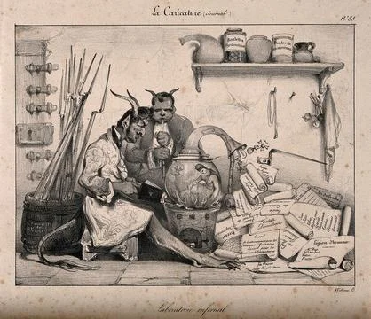 Two devils in a laboratory produce statutes with the help of a genie; showi.. 스톡 일러스트