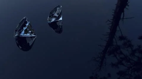 Two diamonds are lying on a dark blue glass surface in the forest. Jewelry.  Stock Illustration