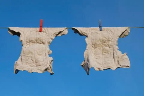 Two diapers on a clothes line 库存照片