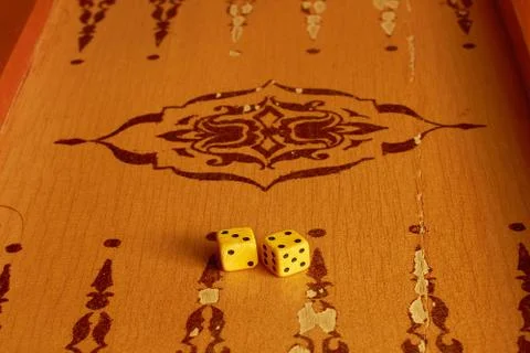 Two dice are on Board for backgammon game Foto stock